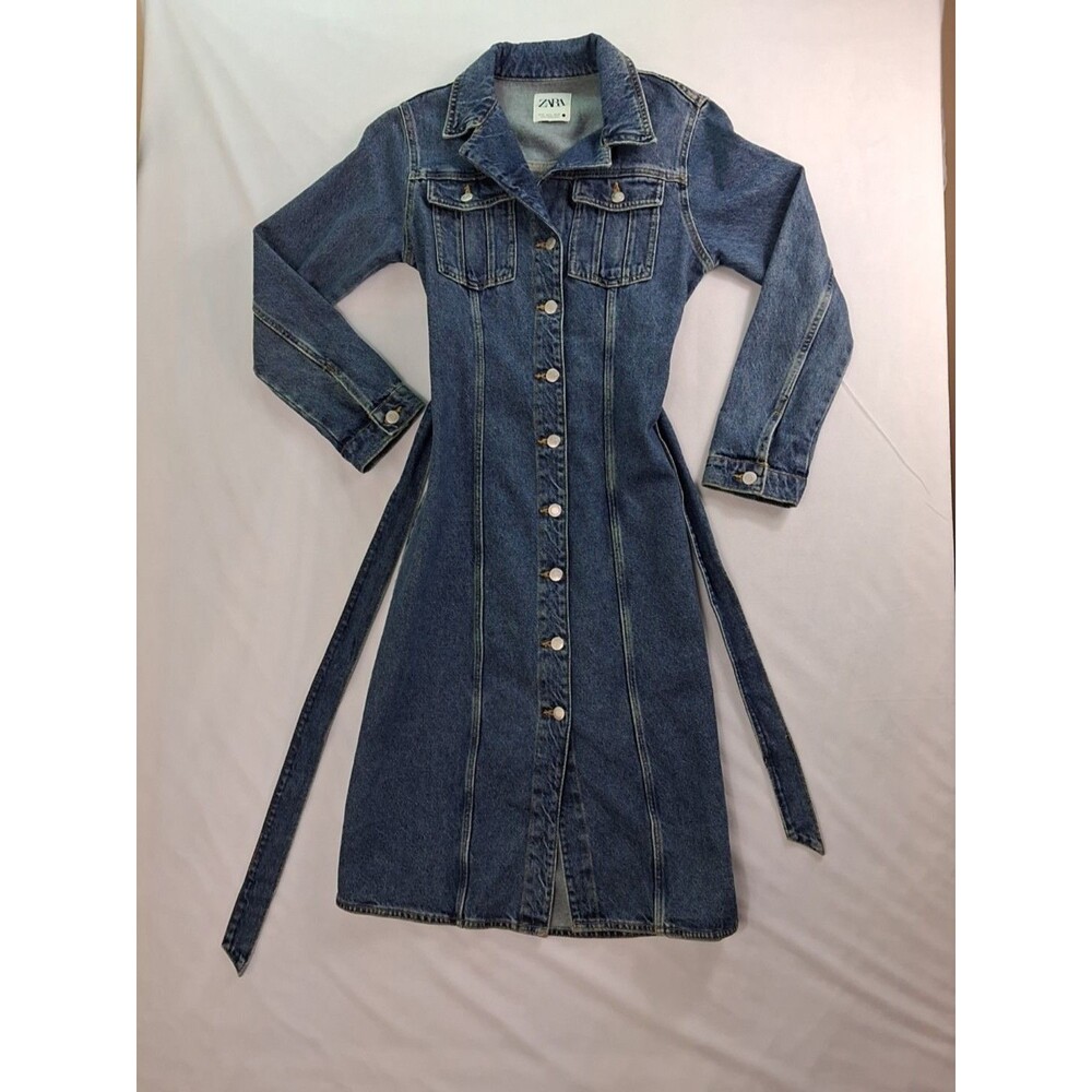 Zara Denim Dress Womens M Long Sleeve Button Front Belted Blue Midi